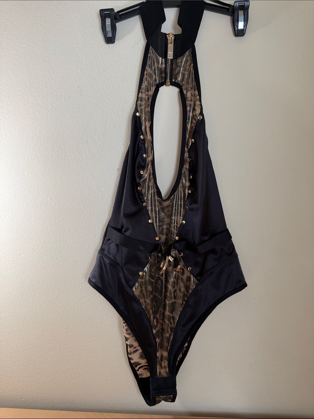 Honey Birdette Briony Black and Leopard-Print Halter Bodysuit sz. M